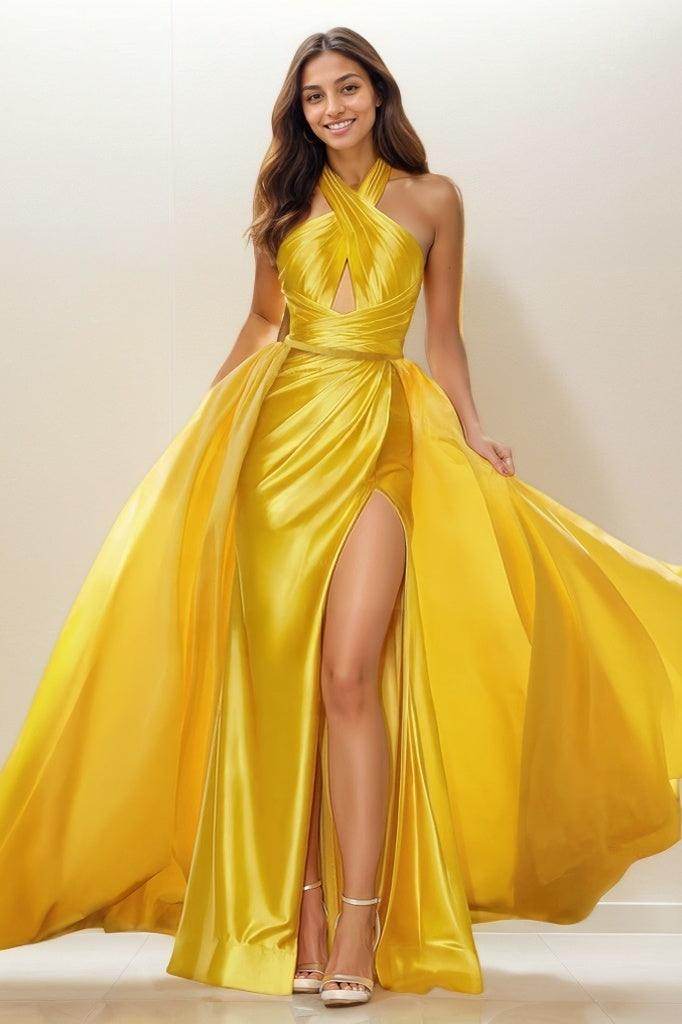 Exquisite Halter Detachable Train Charmeuse Prom Dresses COCOMELODY CS0793 Exquisite Halter Detachable Train Charmeuse Prom Dresses COCOMELODY CS0793