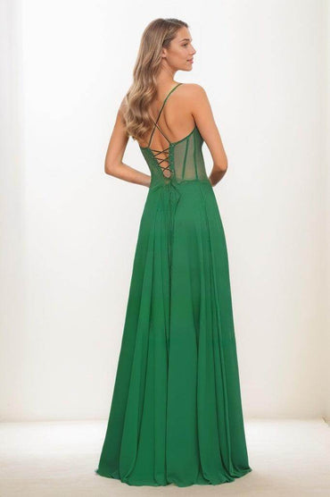V-Neck Spaghetti Straps Chiffon High Split Prom Dresses CS0794 - COCOMELODY