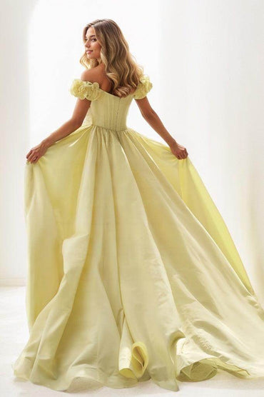 Ruffle Flower(s) Off-The-Shoulder Taffeta Prom Dresses CS0798 - COCOMELODY