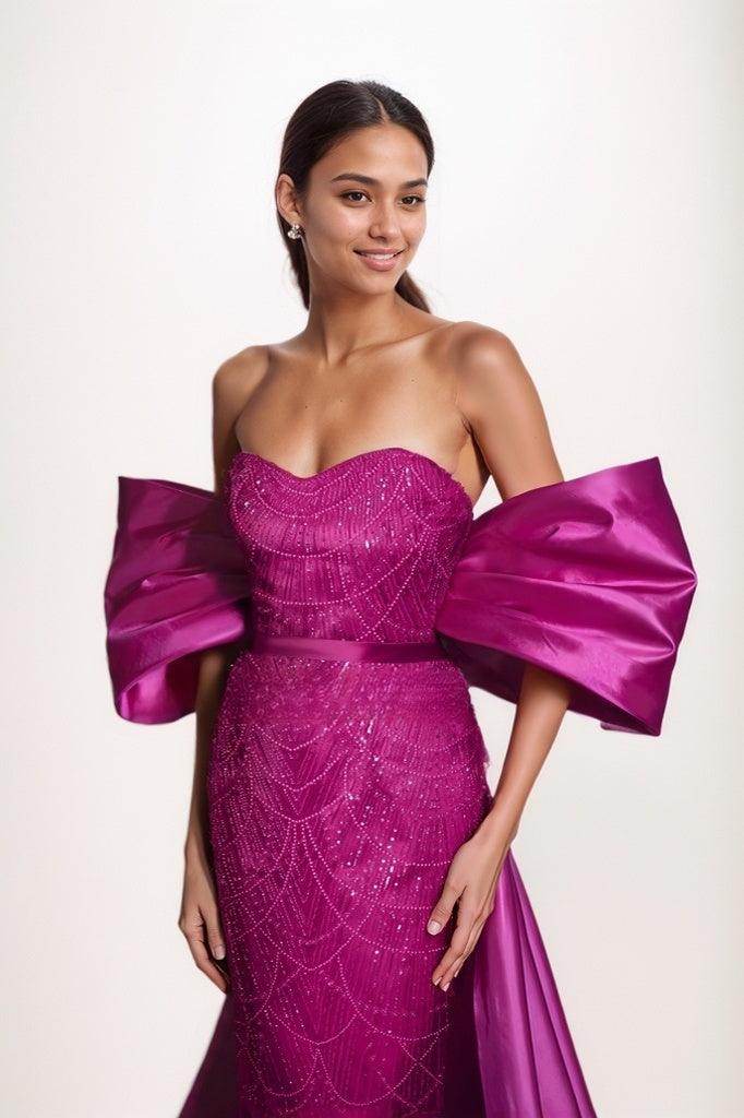 Off-The-Shoulder Sweep Train Satin/Lace Prom Dresses CS0799 - COCOMELODY