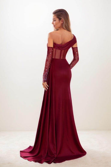 Asymmetrical Neckline Sleeves Sweep Train Prom Dresses CS0804 - COCOMELODY