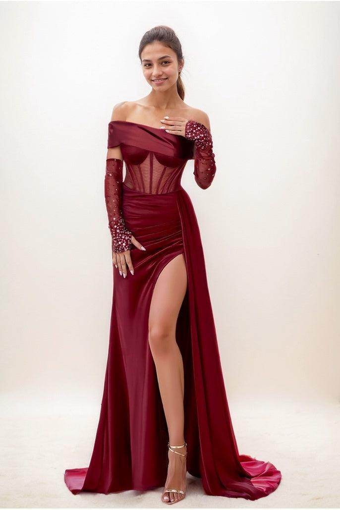 Asymmetrical Neckline Sleeves Sweep Train Prom Dresses COCOMELODY CS0804 Asymmetrical Neckline Sleeves Sweep Train Prom Dresses COCOMELODY CS0804