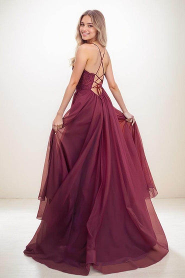 V-Neck Lace Corset High Split Sweep Train Prom Dresses CS0805 - COCOMELODY