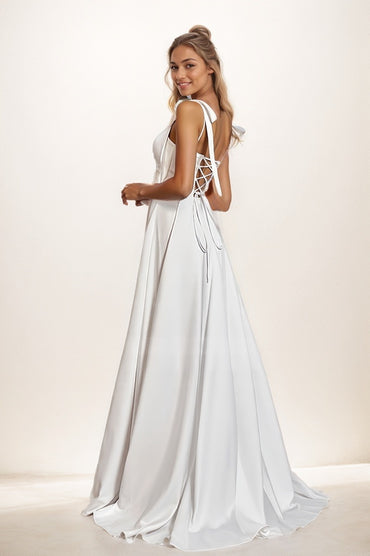 A-Line High Split Sweep Train Matte Satin Prom Dresses CS0807 - COCOMELODY