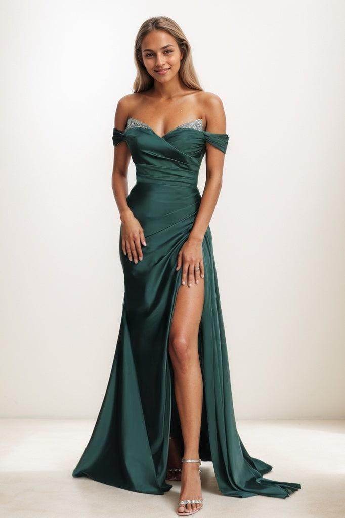 Sequins Off-The-Shoulder High Split Sweep Train Prom Dresses CS0810 - COCOMELODY