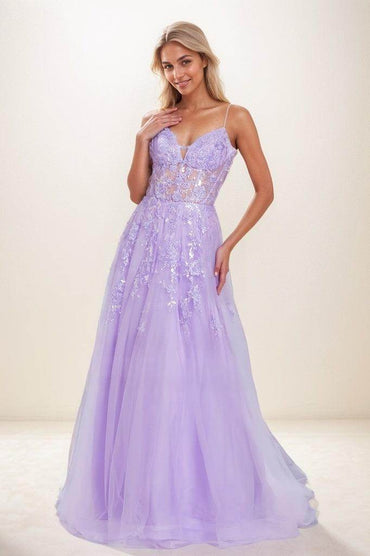 V Neck Lace Illusion Corset A Line Sweep Train Tulle Prom Dresses CS0813 - COCOMELODY