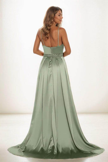 A-Line V-Neck Sleeveless Spaghetti Straps Acetate Satin Prom Dresses CS0826 - COCOMELODY