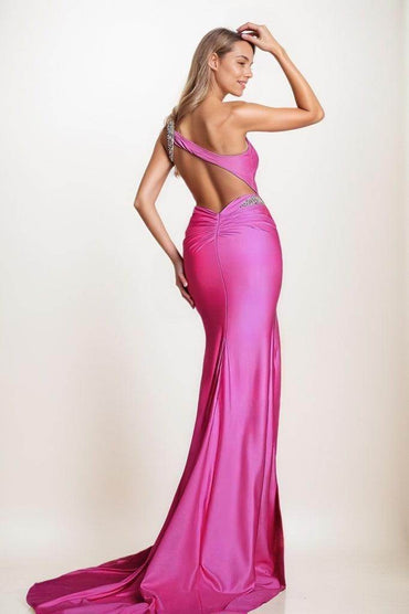 One-Shoulder Back Hole High Split Silk Like Satin Prom Dresses CS0831 - COCOMELODY