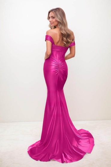 Flattering Off-The-Shoulder Ruched Silk Like Satin Prom Dresses CS0834 - COCOMELODY