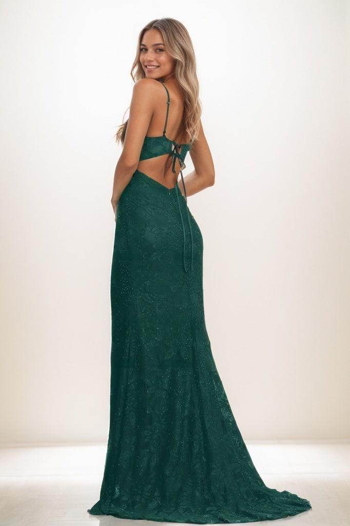 V-Neck Corset Back Hole High Split Sweep Train Lace Prom Dresses CS0836 - COCOMELODY