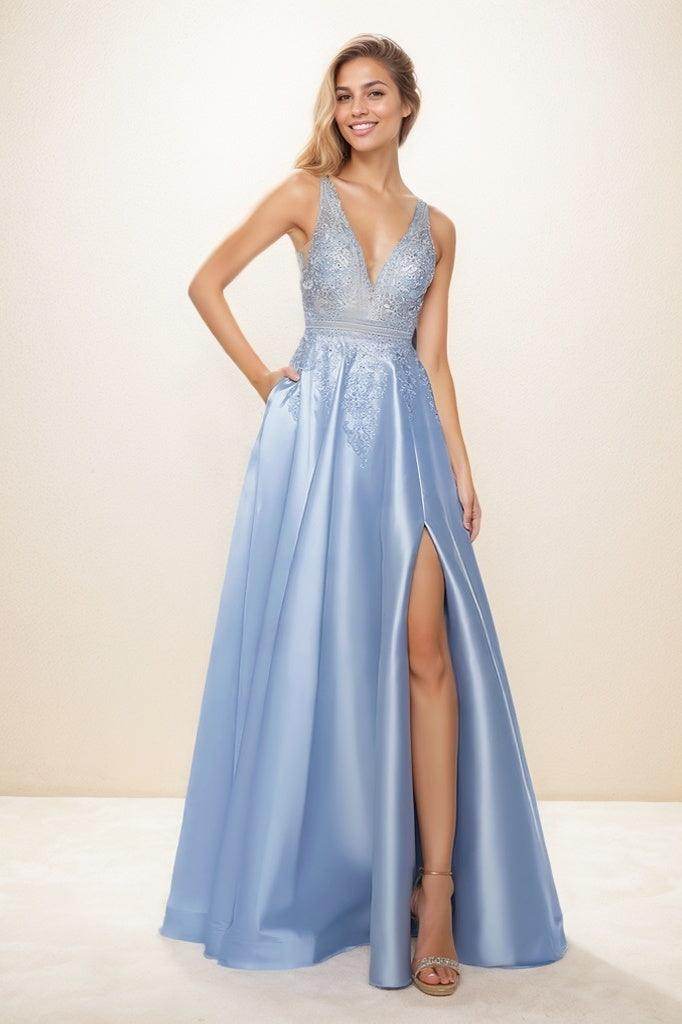 V-Neck Sleeveless Plunge Neck Satin Prom Dresses With Lace COCOMELODY CS0837 V-Neck Sleeveless Plunge Neck Satin Prom Dresses With Lace COCOMELODY CS0837