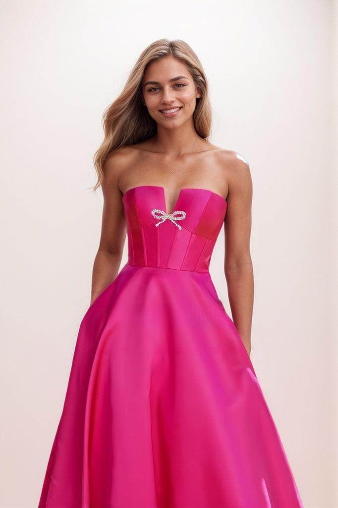 Sweet & Flow Bow Accented Detachable Sleeves Satin Prom Dresses CS0838 - COCOMELODY
