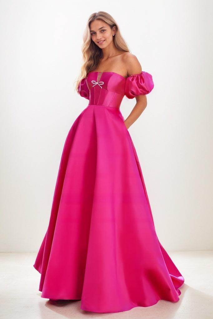 Sweet & Flow Bow Accented Detachable Sleeves Satin Prom Dress COCOMELODY CS0838 Sweet & Flow Bow Accented Detachable Sleeves Satin Prom Dress COCOMELODY CS0838