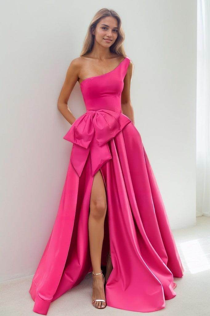 Modest One-Shoulder Bow Accented Satin Prom Dress High Split COCOMELODY CS0839 Modest One-Shoulder Bow Accented Satin Prom Dress High Split COCOMELODY CS0839
