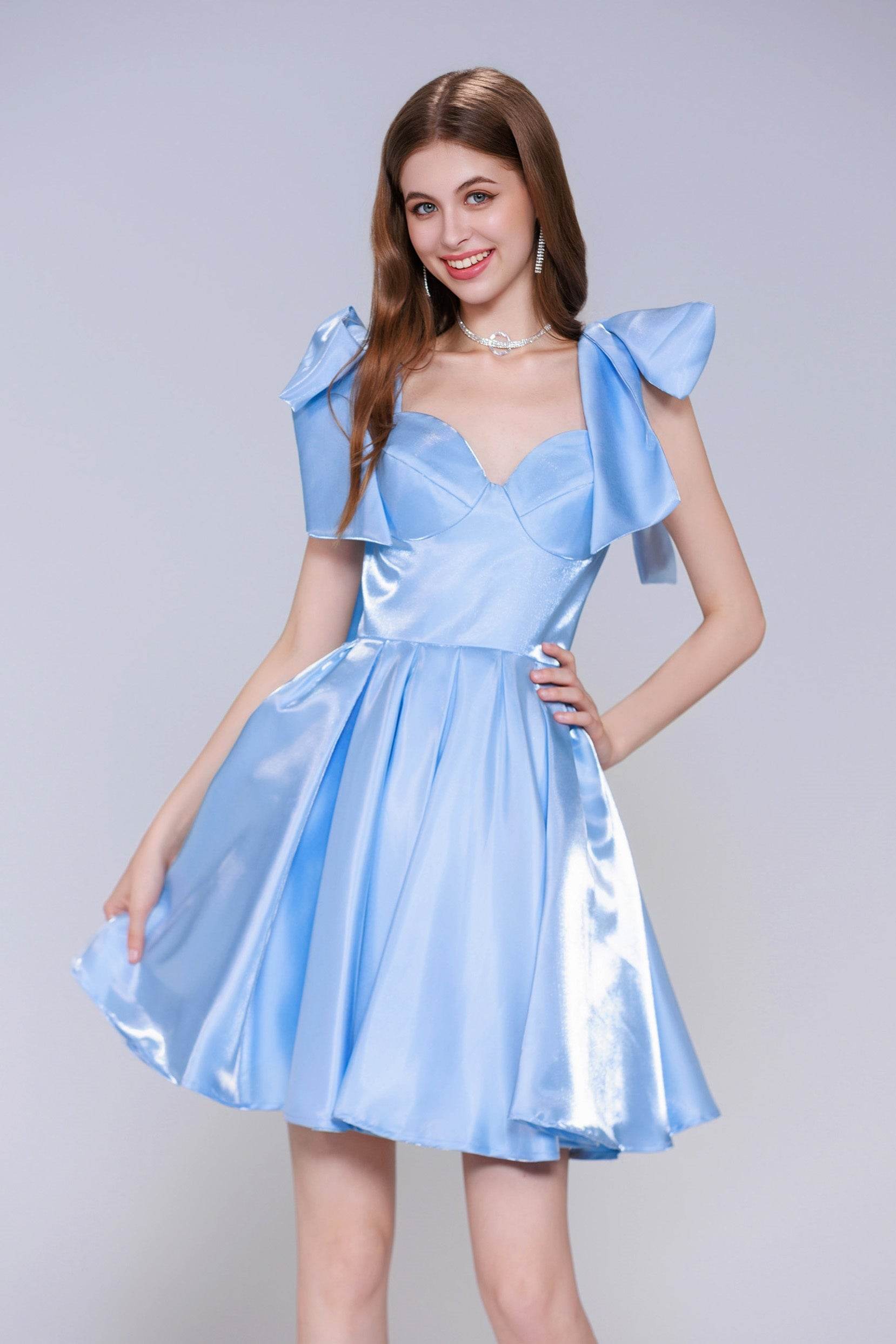 Princess Short Blue Stain Homecoming Dress with Bow A Line Corset Mini Party Dress COCOMELODY CS0944 Princess Short Blue Stain Homecoming Dress with Bow A Line Corset Mini Party Dress COCOMELODY CS0944