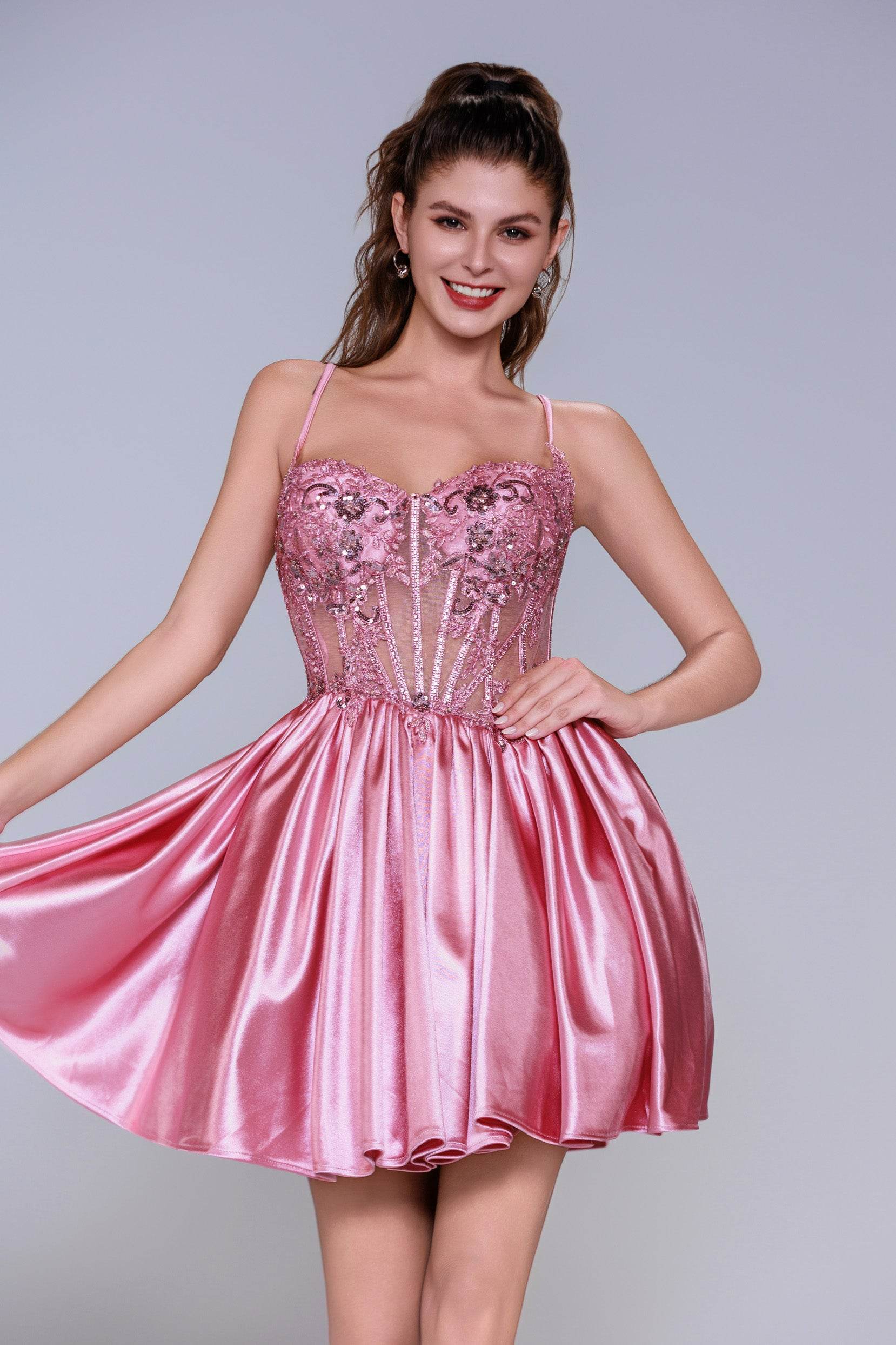 A-Line Mini Stretch Satin Pink Homecoming Dresses COCOMELODY CS1007 A-Line Mini Stretch Satin Pink Homecoming Dresses COCOMELODY CS1007