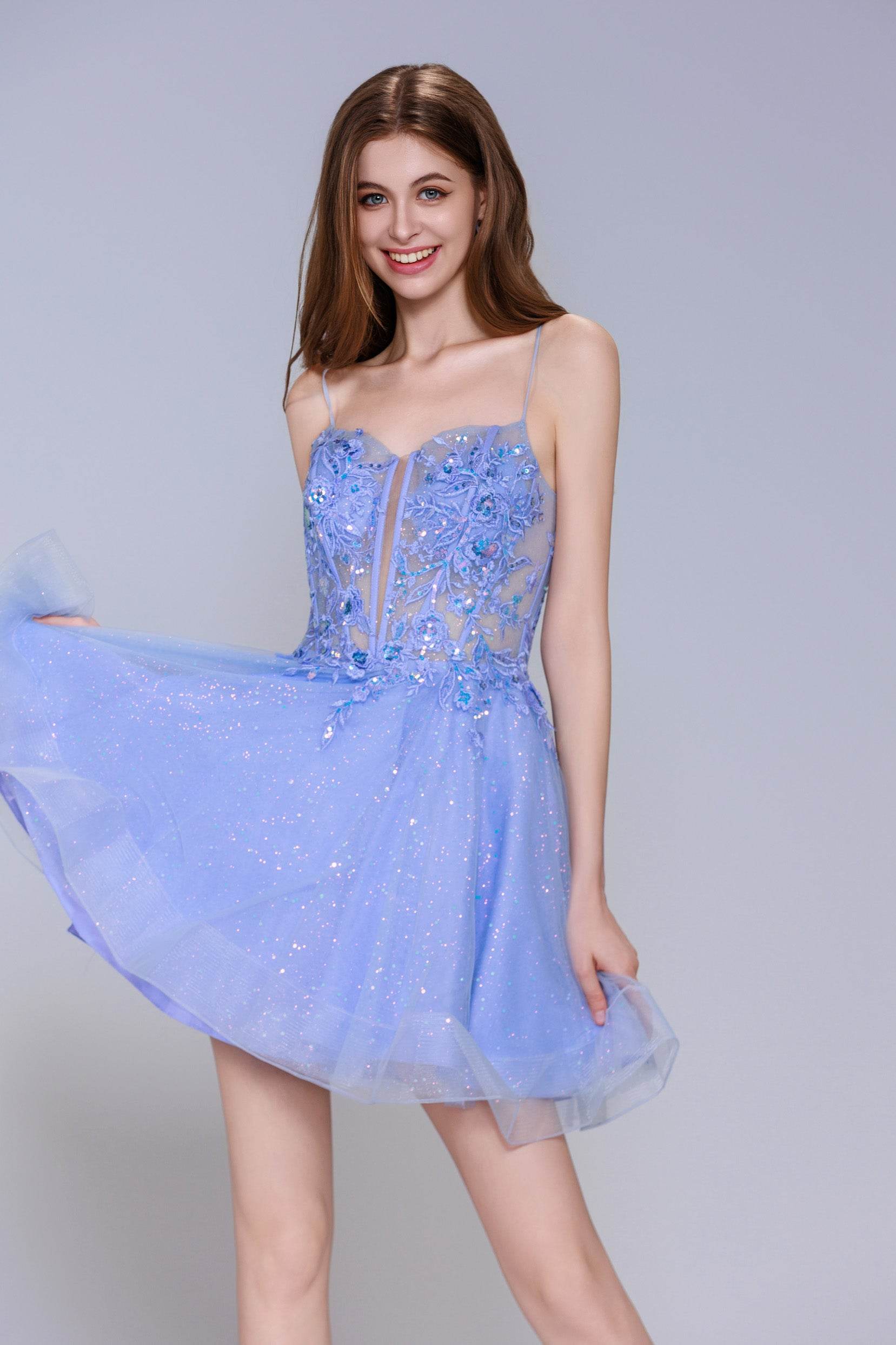beautiful homecoming dresses Skylar A Line Sweetheart Corset Dress with Sleeves Sky Blue / 8 The open shoulders give it a modern and stylish look that is perfect for all occasions A-Line Mini Tulle Homecoming Dresses