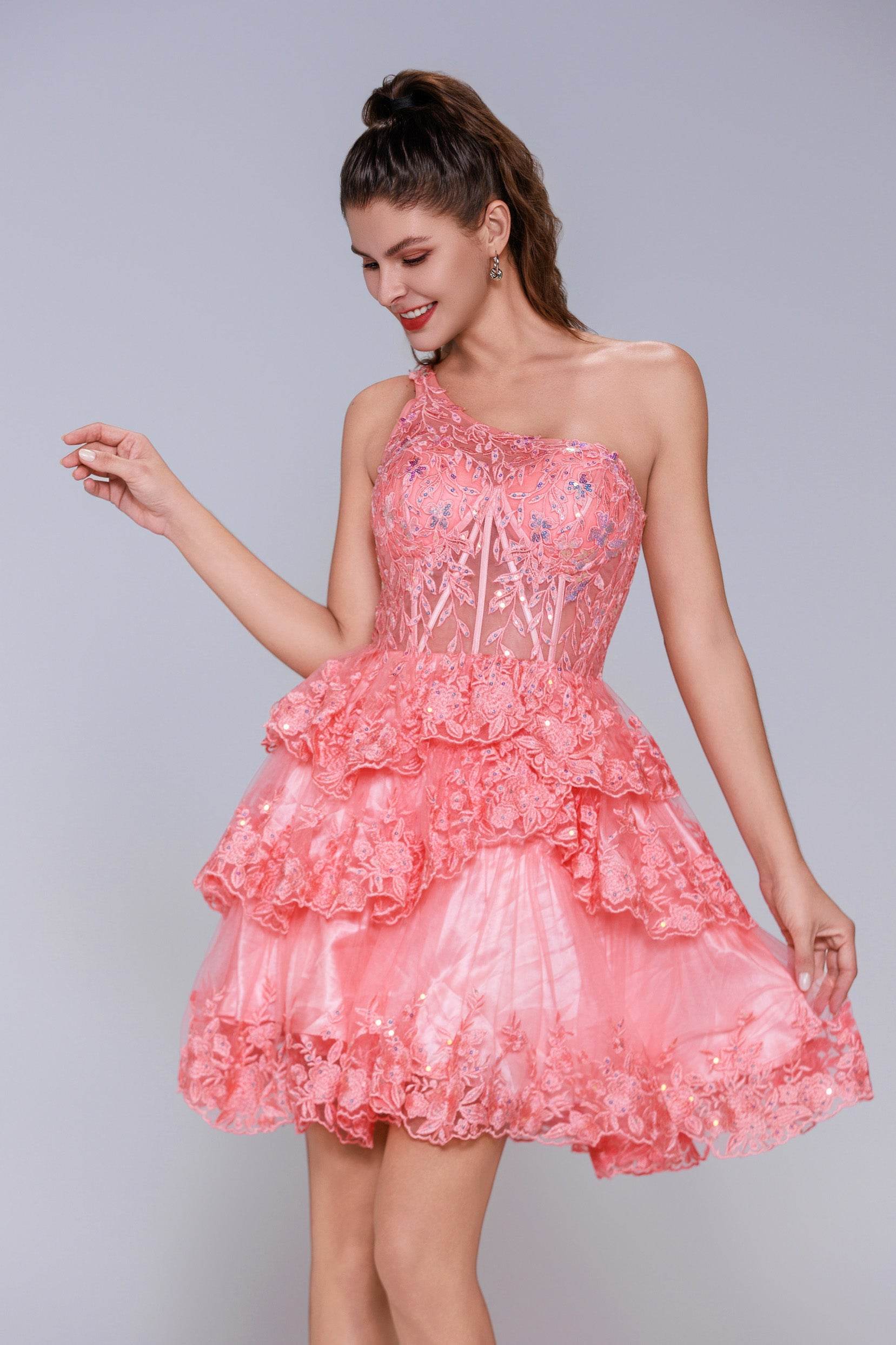 Ball Gown Mini Tulle Short Homecoming Dresses COCOMELODY CS1011, Living Coral Ball Gown Mini Tulle Short Homecoming Dresses COCOMELODY CS1011, Living Coral