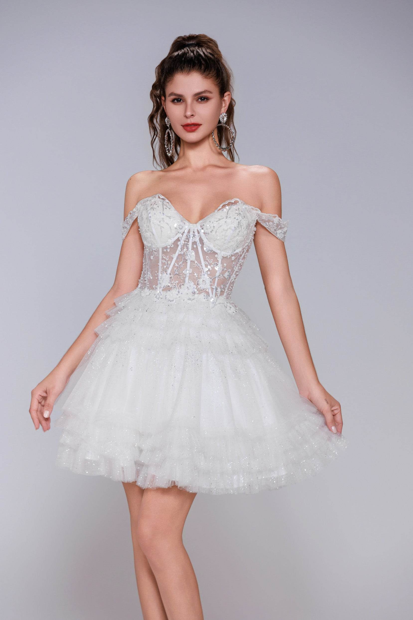A-Line Mini Tulle Homecoming Dresses COCOMELODY CS1032, Ivory A-Line Mini Tulle Homecoming Dresses COCOMELODY CS1032, Ivory