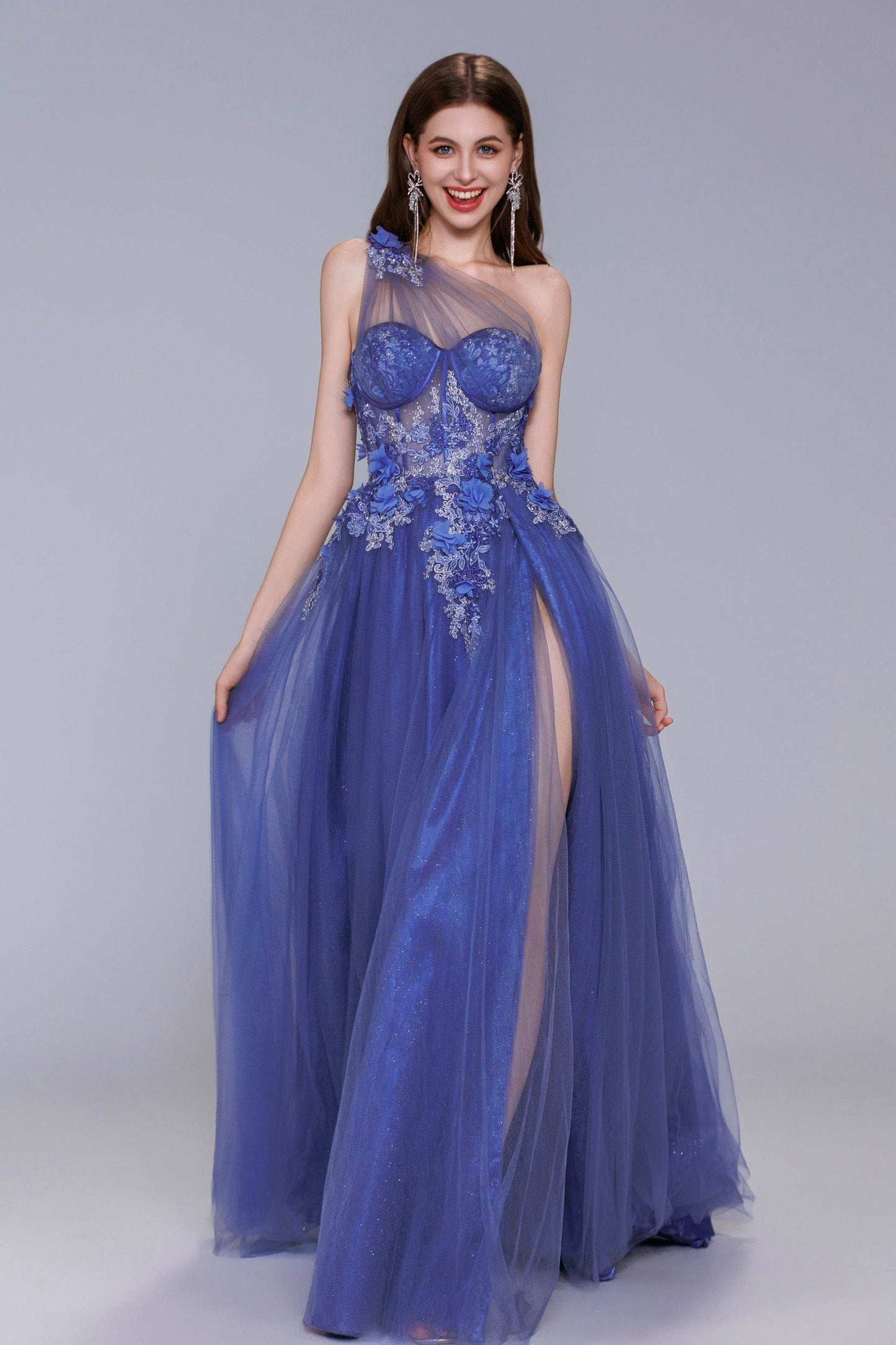 A-Line Sweep-Brush Train Tulle Prom Dress CS1069 - COCOMELODY