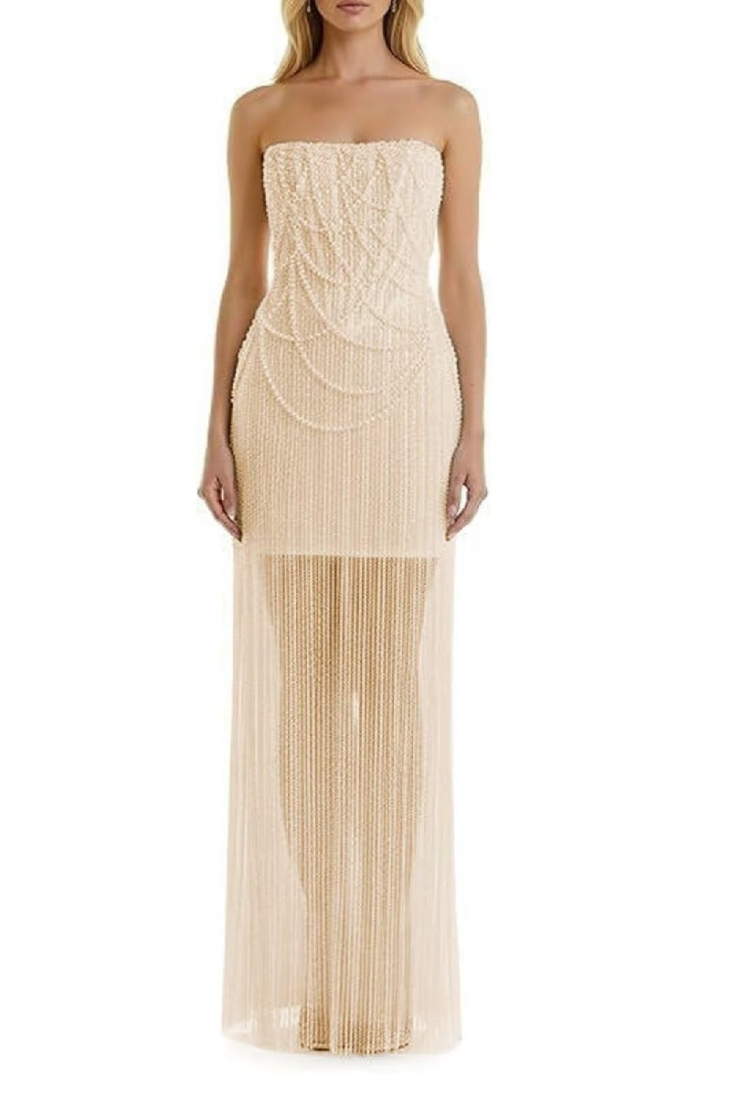 Sparkly Sheath-Column Short Pearls Wedding Guest Dress Lace-Up Corset Strapless Sequin Wedding Party Dress COCOMELODY CS1075