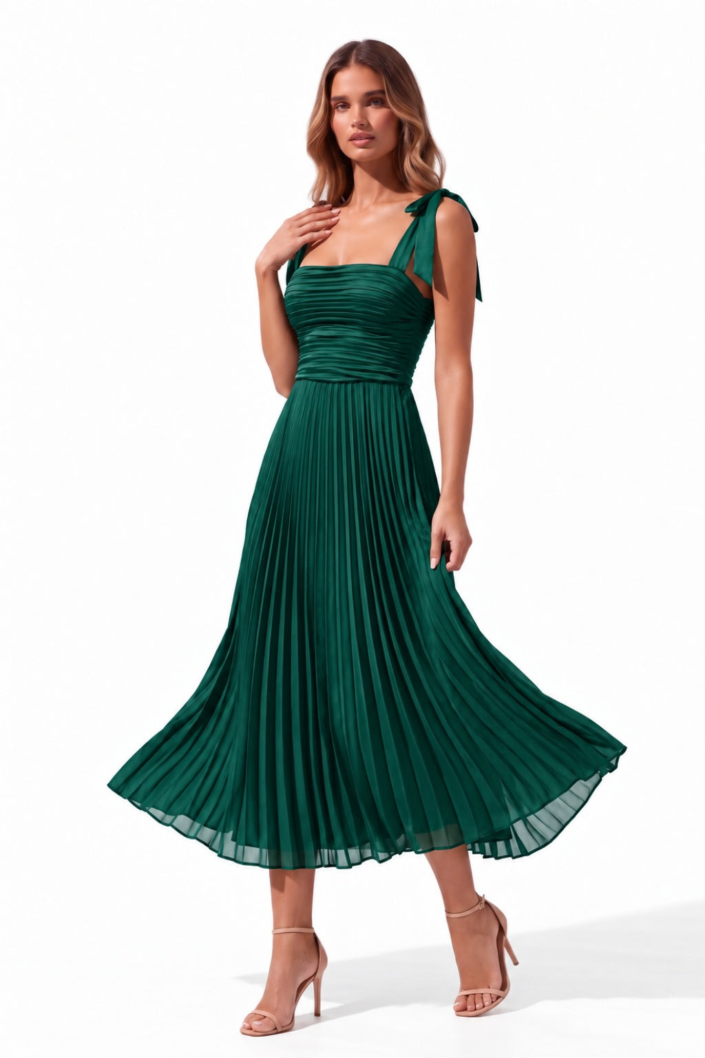 A-Line Tea Length Acetate Satin Chiffon Special Occasion Dress CS1079 - Hunter Green - COCOMELODY