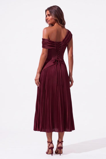 A-Line Tea Length Acetate Satin Chiffon Special Occasion Dress CS1080 - Wine - COCOMELODY