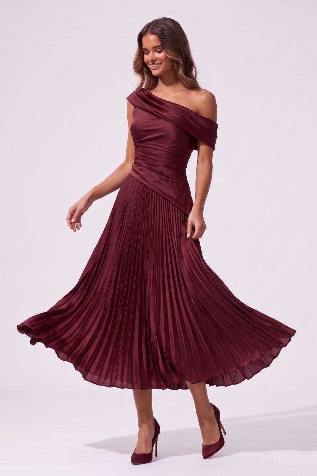 A-Line Tea Length Acetate Satin Chiffon Special Occasion Dress CS1080 - Wine - COCOMELODY