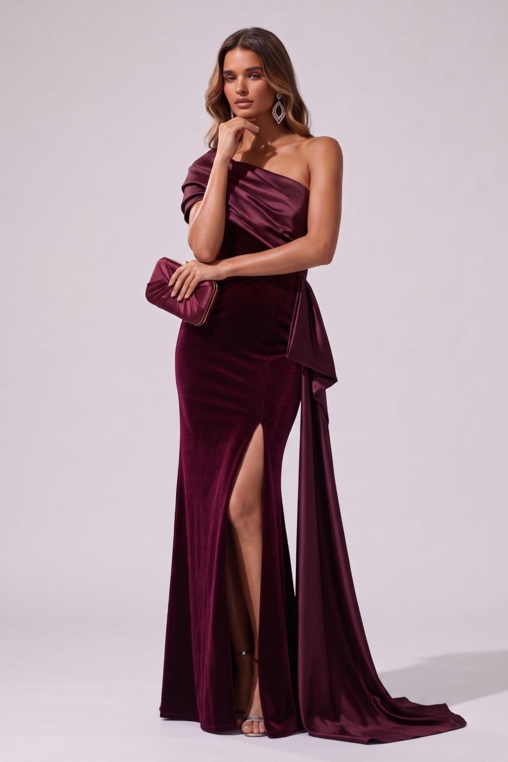 Trumpet-Mermaid Floor Length Satin Velvet Special Occasion Dress CS1081 - Wine - COCOMELODY