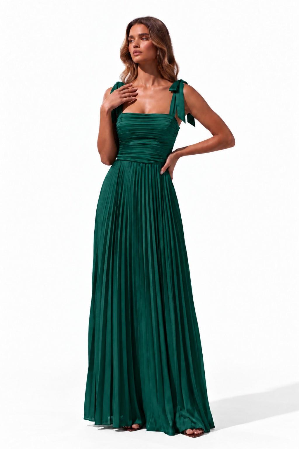 A-Line Floor Length Acetate Satin Chiffon Special Occasion Dress CS1083 - Hunter Green - COCOMELODY