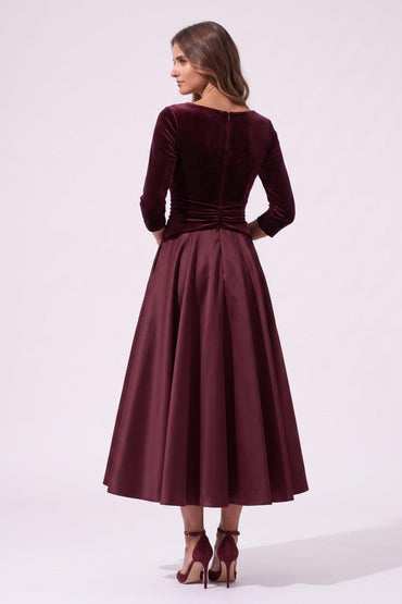 A-Line Tea Length Satin Velvet Special Occasion Dress CS1090 - Wine - COCOMELODY