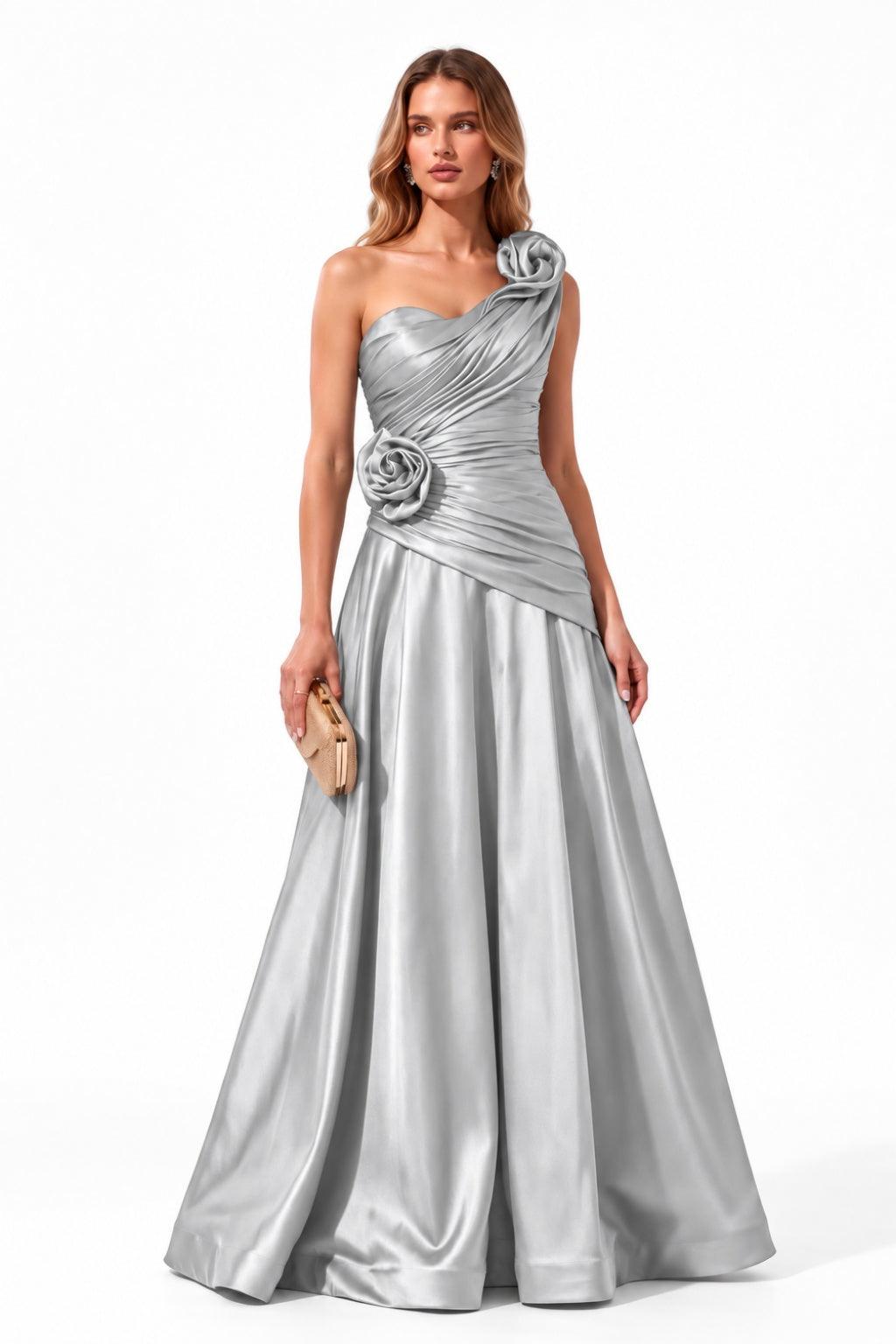 A-Line Floor Length Satin Special Occasion Dress CS1100 - Steel Grey - COCOMELODY