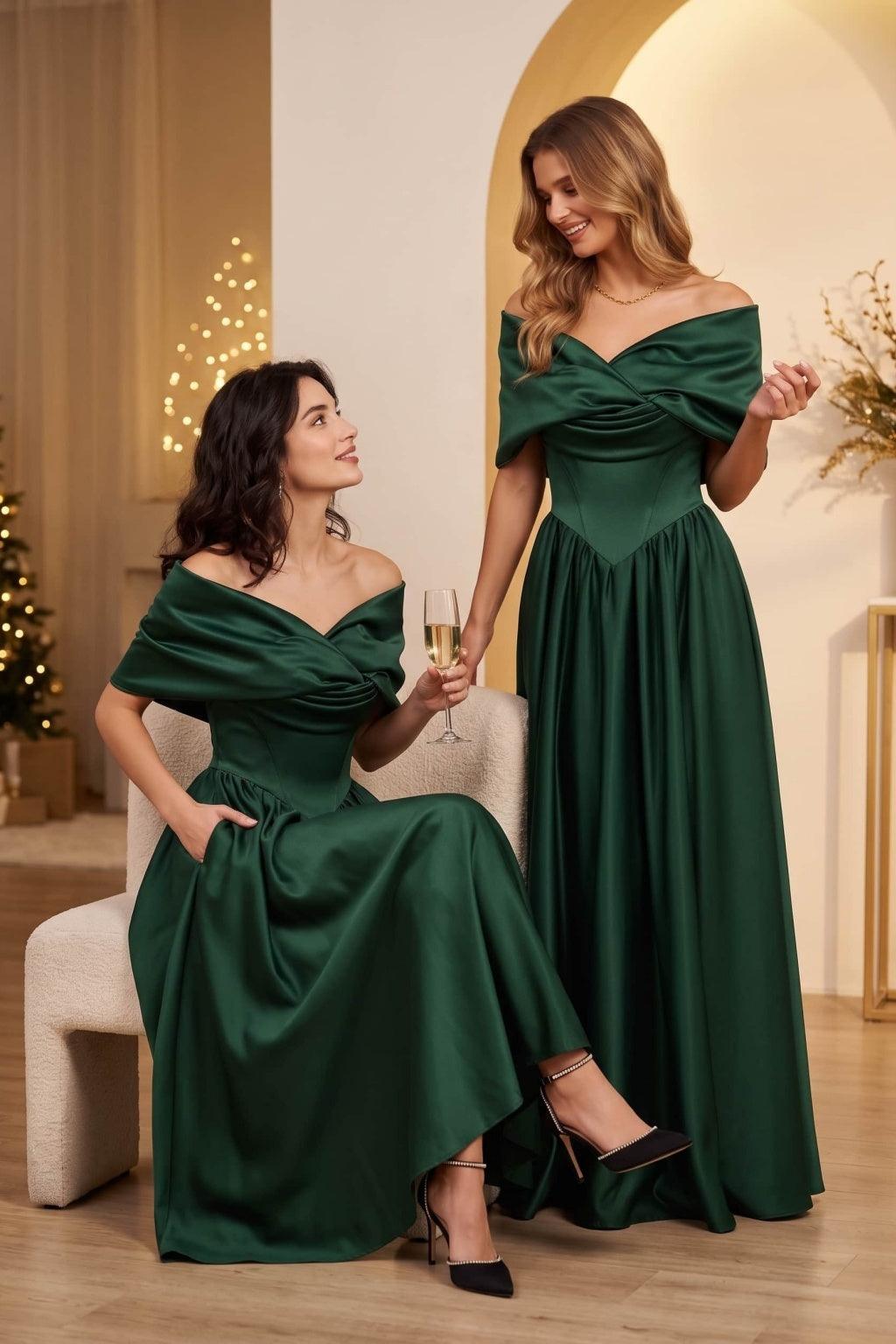 A-Line Floor Length Satin Special Occasion Dress CS1103 - Hunter Green - COCOMELODY