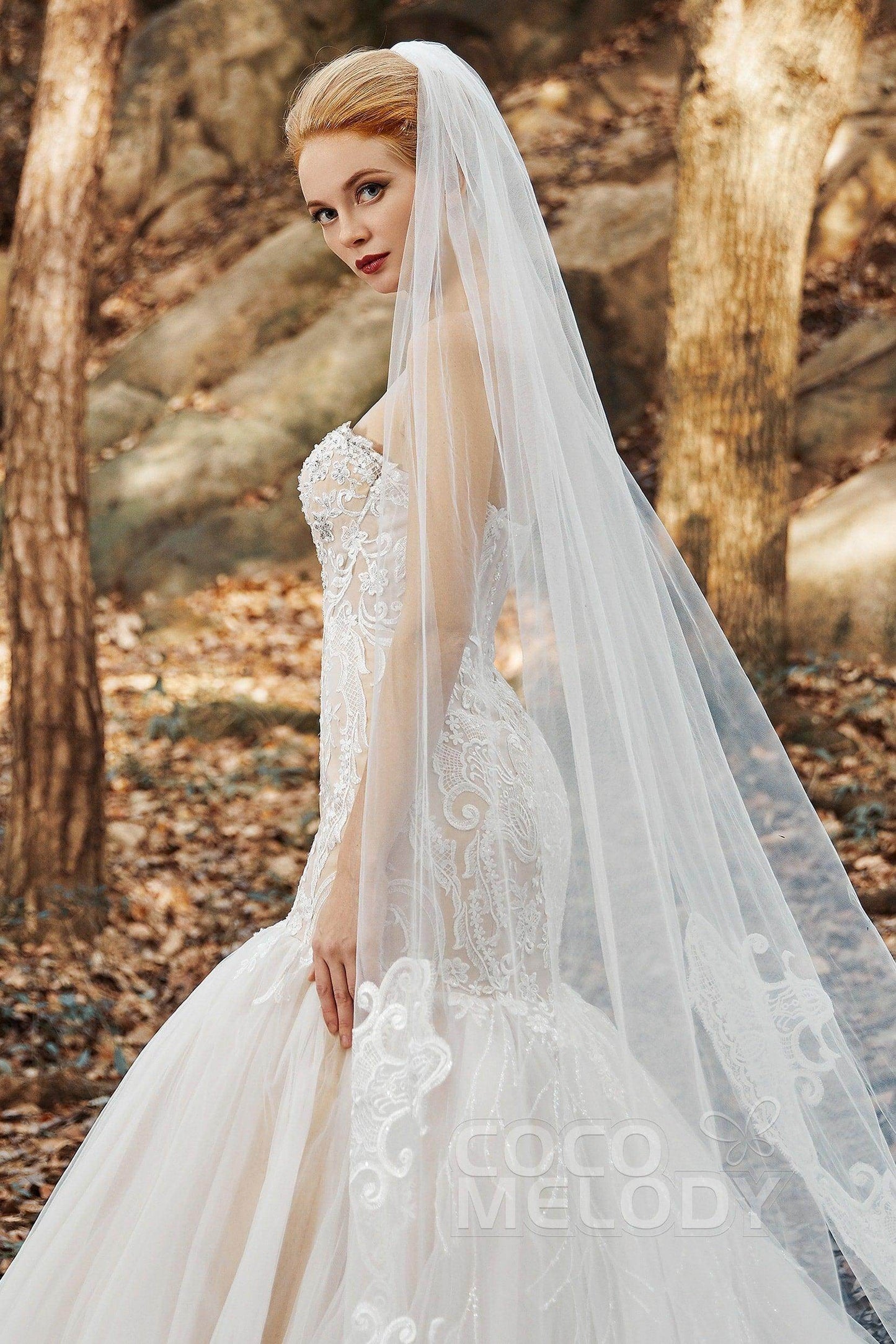 One-tier Lace Tulle Cathedral Veils Appliques Beading CV0183 - COCOMELODY