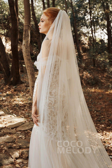 One-tier Cut Edge Tulle Cathedral Veils Appliques CV0186 - COCOMELODY