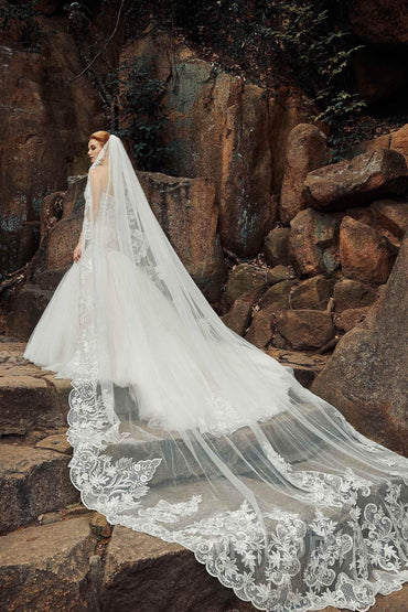 One-tier Lace Tulle Cathedral Veils Appliques Beading CV0190 - COCOMELODY