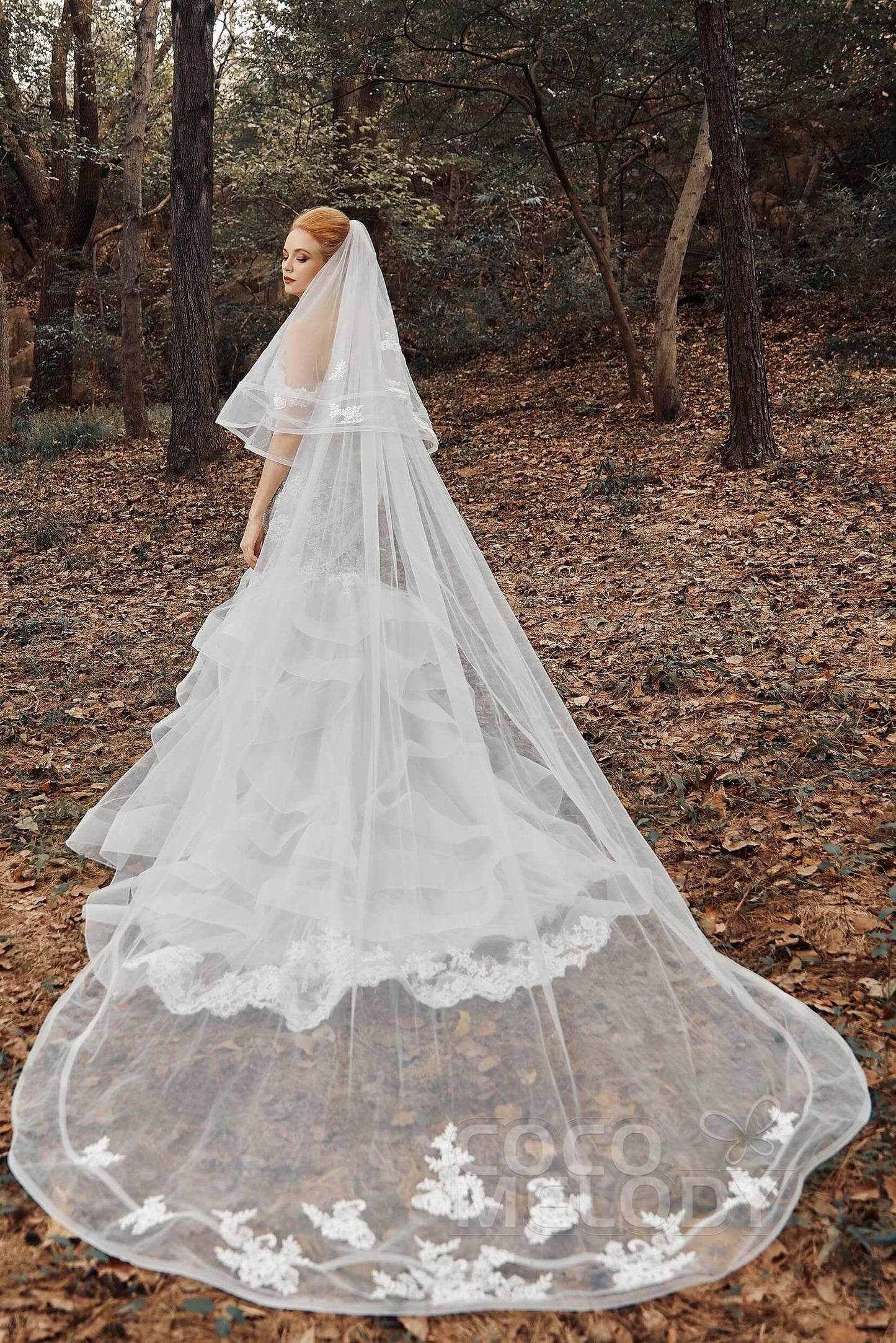 Two-tier Lace Edge Tulle Cathedral Veils Appliques CV0192 - COCOMELODY