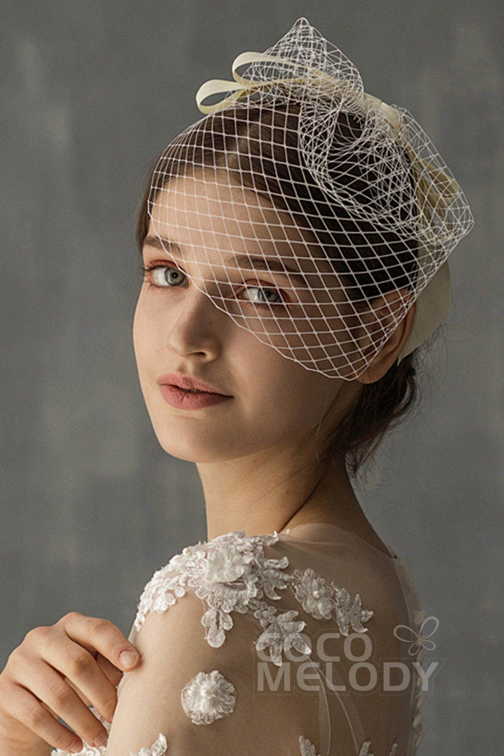 Cute One-tier Cut Edge Tulle Blusher Veils with Bow CV0196 - COCOMELODY