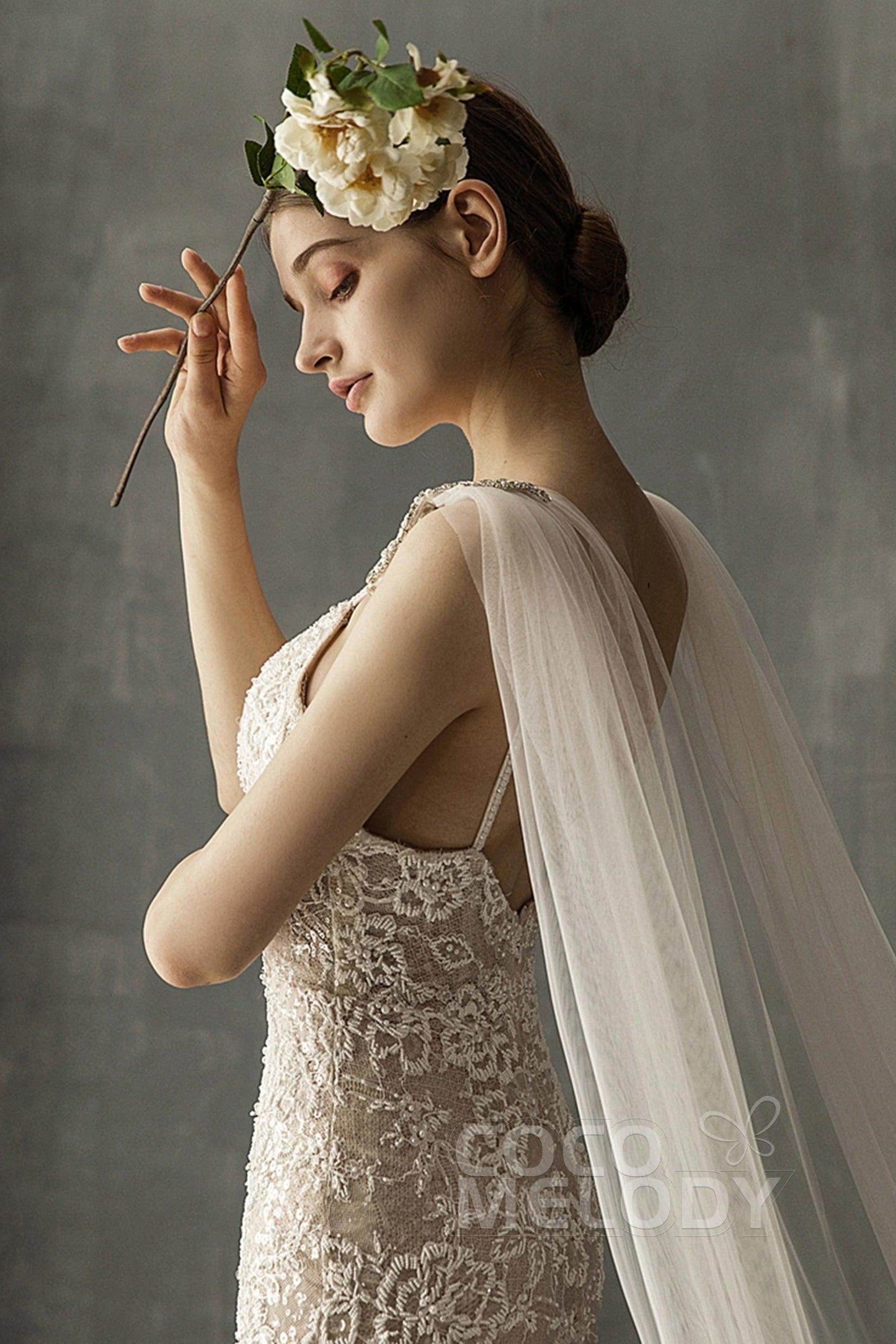Elegant One-tier Cut Edge Tulle Chapel Veils Beading CV0200 - COCOMELODY