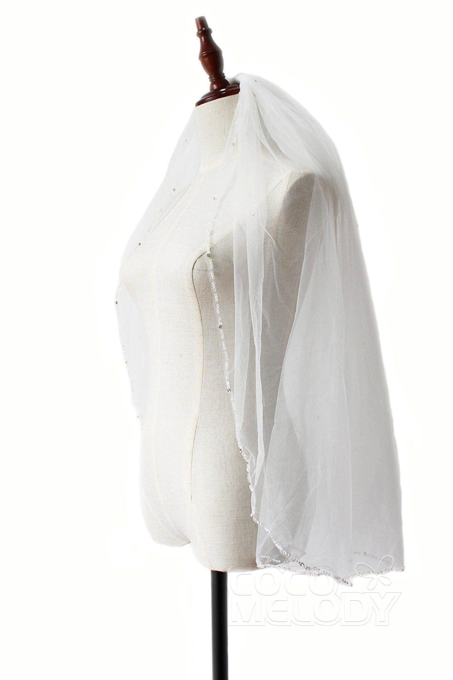 One-tier Beaded Edge Tulle Waist Veils with Beading CV0207 - COCOMELODY