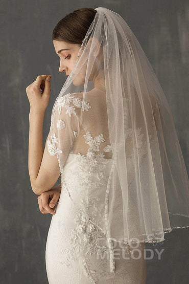 One-tier Beaded Edge Tulle Waist Veils with Beading CV0207 - COCOMELODY