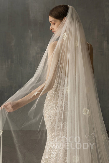 One-tier Cut Edge Tulle Cathedral Veils with Flower CV0208