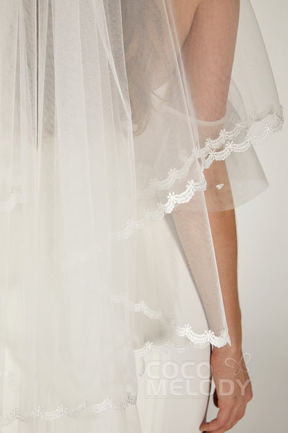Two-tier Lace Edge Tulle Chapel Veils with Appliques CV0210