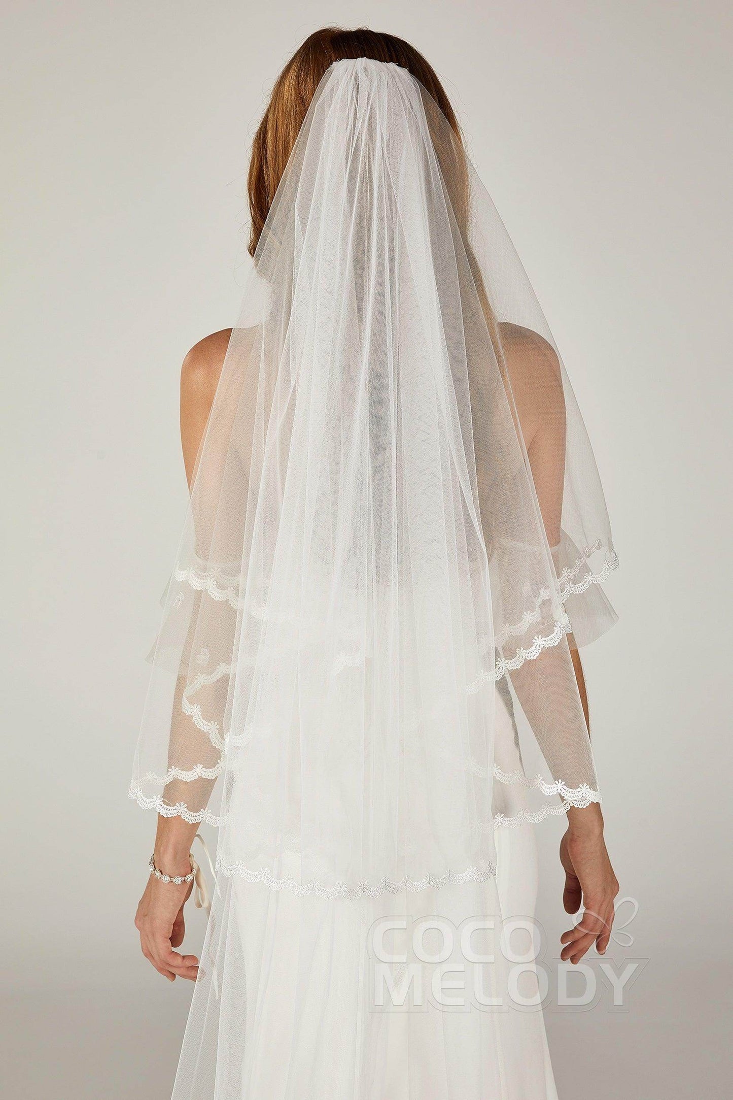 Two-tier Lace Edge Tulle Chapel Veils with Appliques CV0210 - COCOMELODY