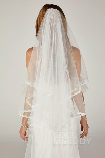 Two-tier Lace Edge Tulle Chapel Veils with Appliques CV0210 - COCOMELODY