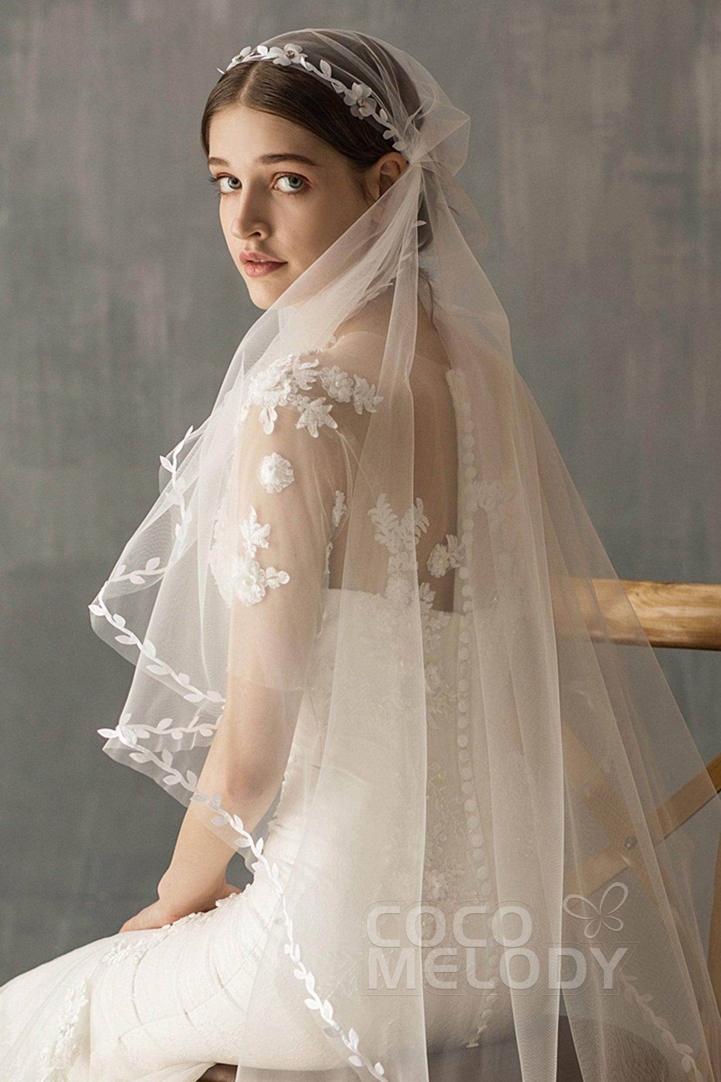 One-tier Lace Edge Voile Tea Veils with Appliques CV0222 - COCOMELODY