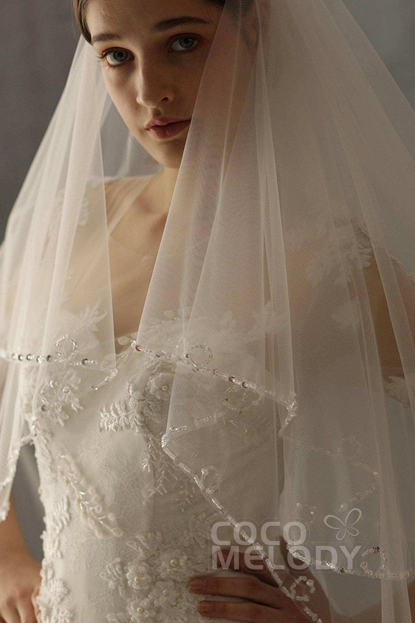 Two-tier Beaded Edge Tulle Hip Veils with Beading CV0224 - COCOMELODY