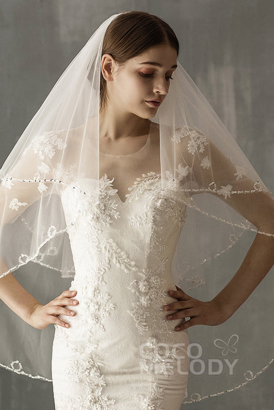 Two-tier Beaded Edge Tulle Hip Veils with Beading CV0224