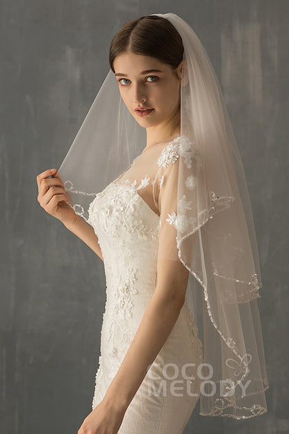 Two-tier Beaded Edge Tulle Hip Veils with Beading CV0224