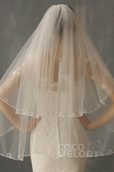 Two-tier Beaded Edge Tulle Hip Veils with Beading CV0224 - COCOMELODY